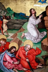 Jezus biddend in de tuin van Getsemane na het Laatste Avondmaal, terwijl de discipelen slapen